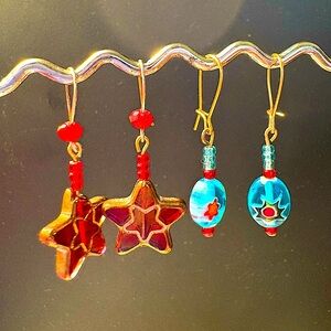 Handcrafted Earrings Pierced Unique Red Stained Glass + 4 accents, Blue w/Flower